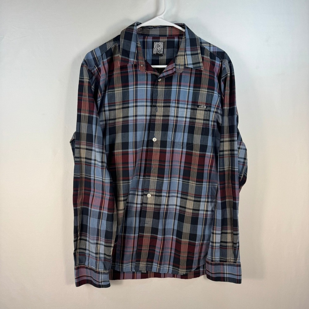 Volcom Men Plaid Long Sleeve Button Down Shirt Blue Burgundy Sz M Skateboarding